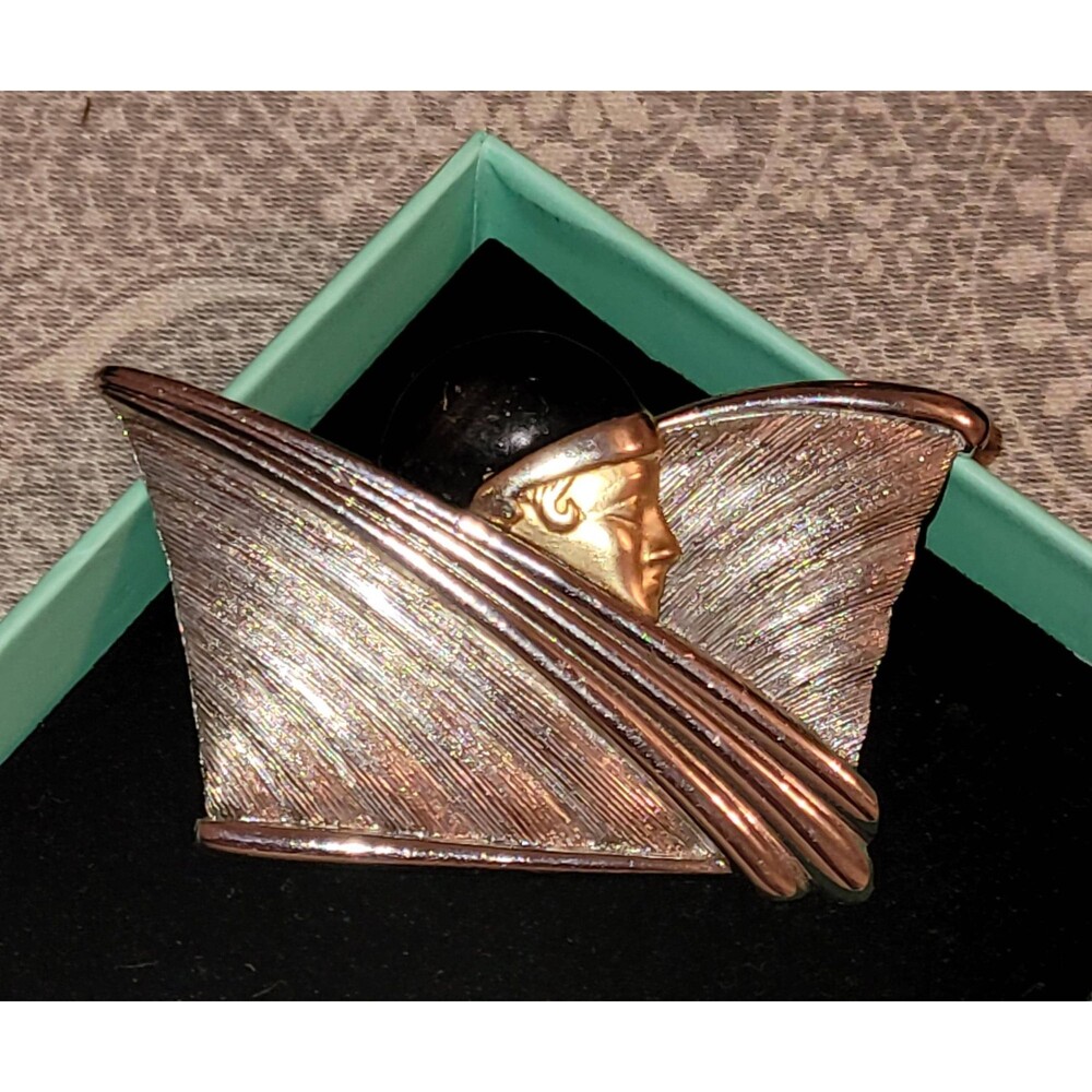 Large Square Gold Lady in Waiting | Silver Gold Enamel | Art Deco Statement Broo